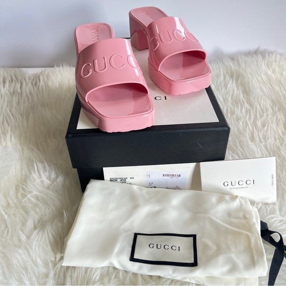 New Gucci Pink Rubber Platform Slide Sandals Sz 37 - Picture 3 of 8